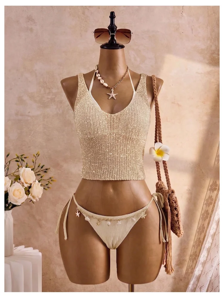MAKEMECHIC Crochet Beach Cover-Up in Gold, view 2