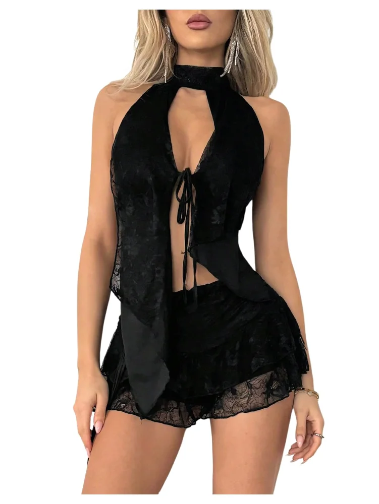 MAKEMECHIC Floral Lace Open Back Skirt Set