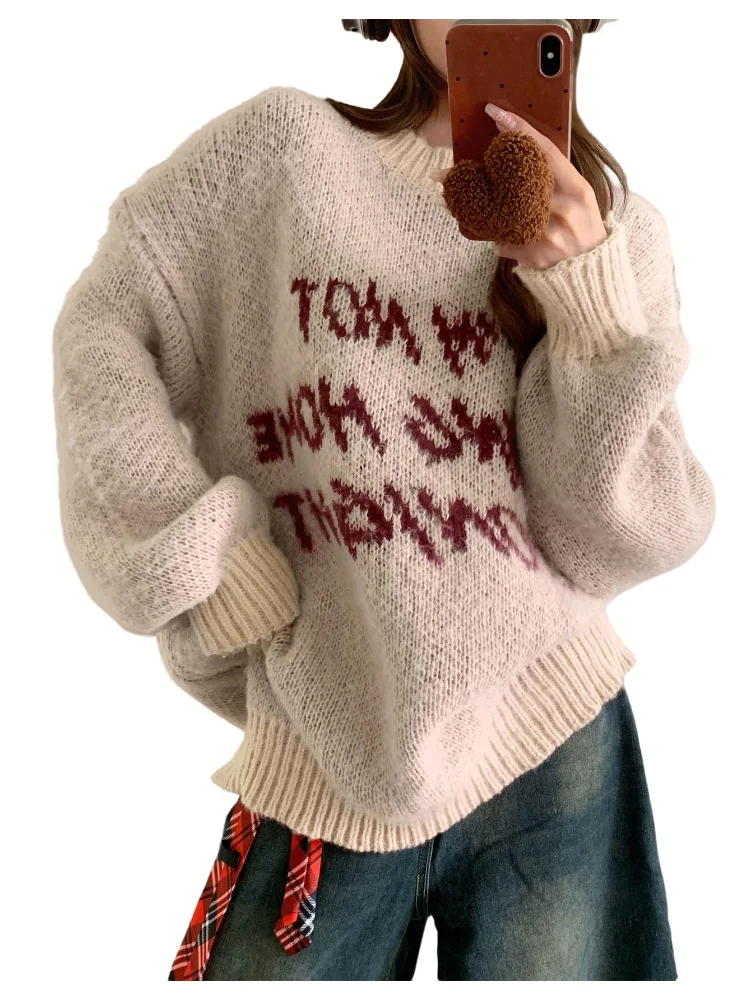 MAKEMECHIC Letter Print Crew Neck Sweater