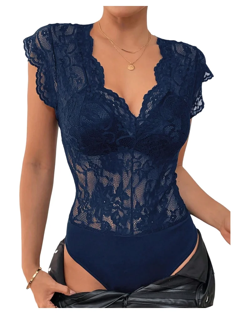 MAKEMECHIC Lace Deep V-Neck Bodysuit