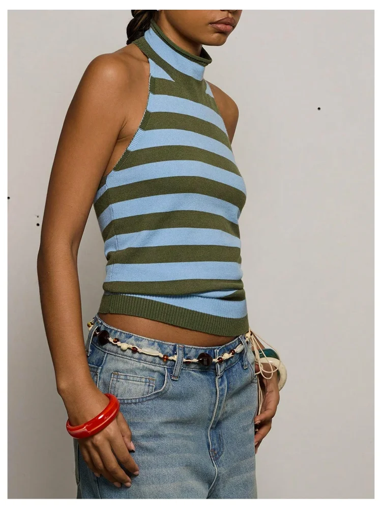 MAKEMECHIC Striped Open Back Sleeveless Halter Top, view 2