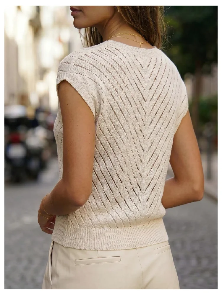MAKEMECHIC Crochet Cap Sleeve Knit Top, view 3