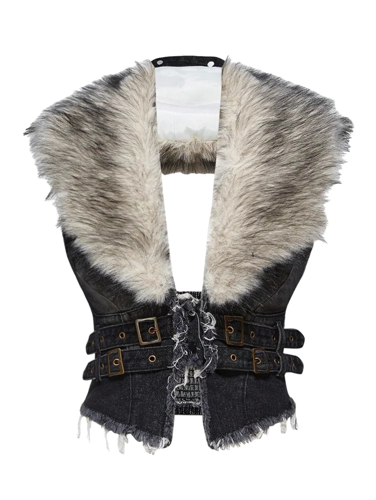 MAKEMECHIC Fur Denim Sleeveless Crop Top
