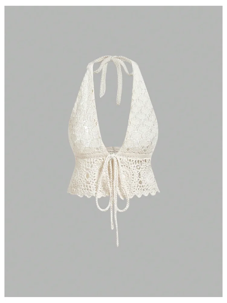 MAKEMECHIC Crochet Tie Front Backless Beach Cover-Up, view 2