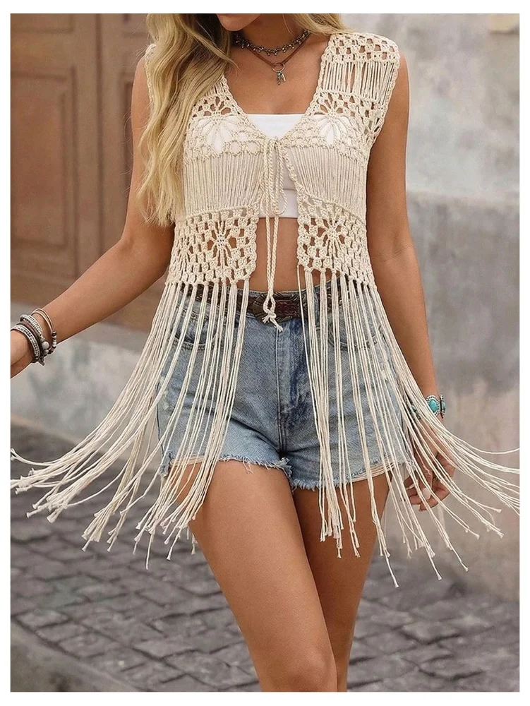 MAKEMECHIC Crochet Fringe Tie Front Cardigan, view 2