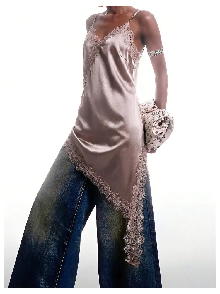 MAKEMECHIC Satin Lace Asymmetrical Dress, view 2