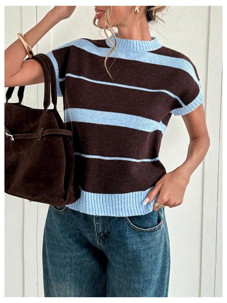 MAKEMECHIC Short Sleeve Knit Striped Sweater Vest, view 2