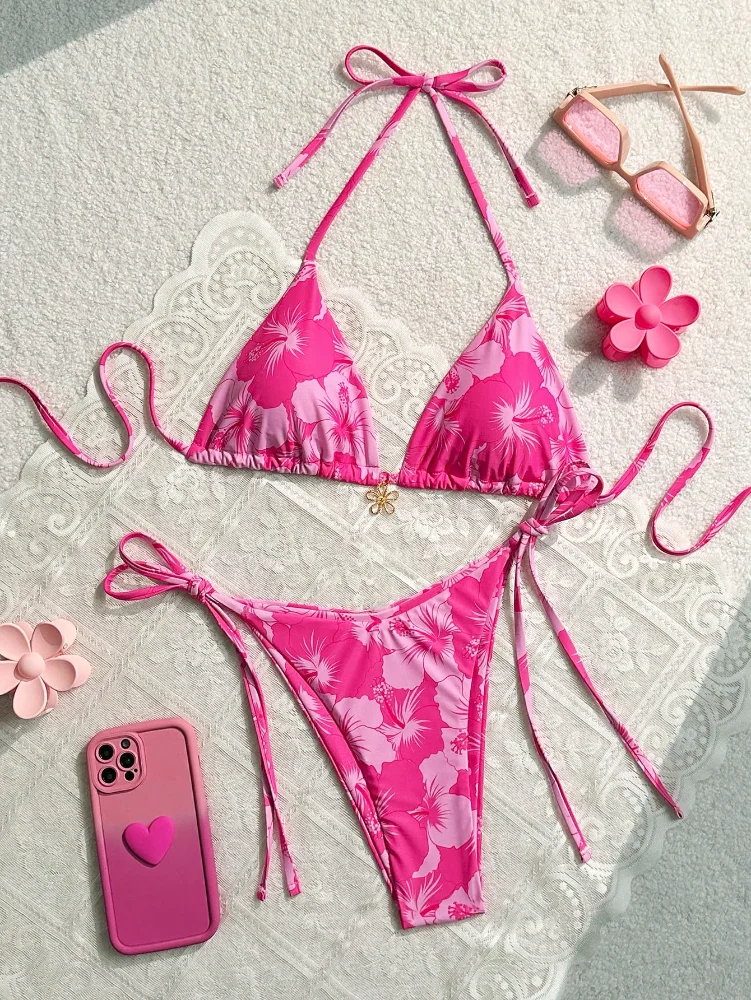 MAKEMECHIC Triangle Thong Bikini Set, floral, view 3
