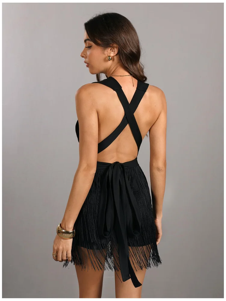MAKEMECHIC Fringe Deep V Bodycon Jumpsuit, view 2