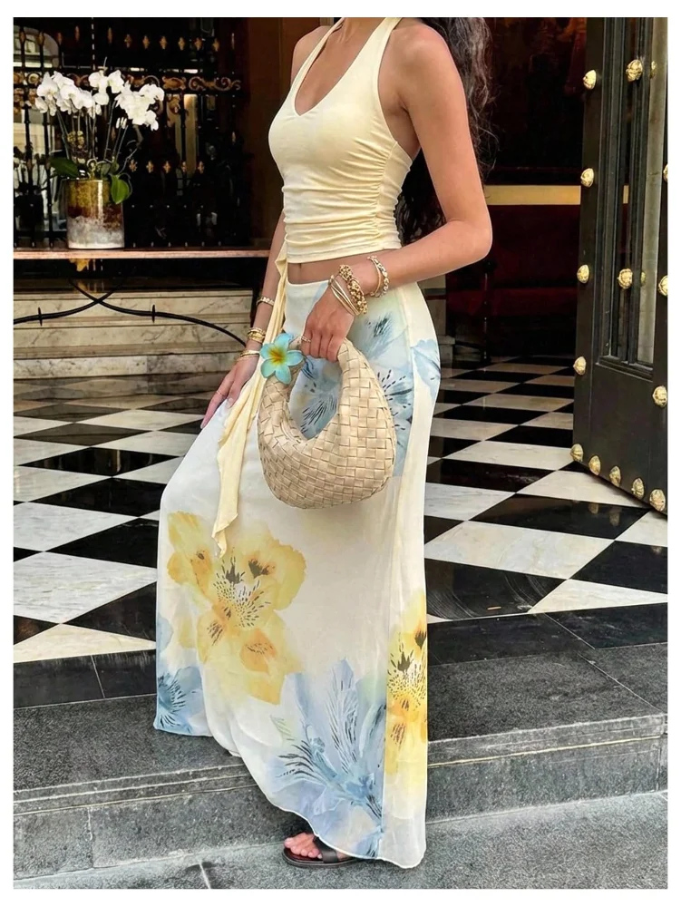 MAKEMECHIC Crop Floral Long Skirt Set, view 2