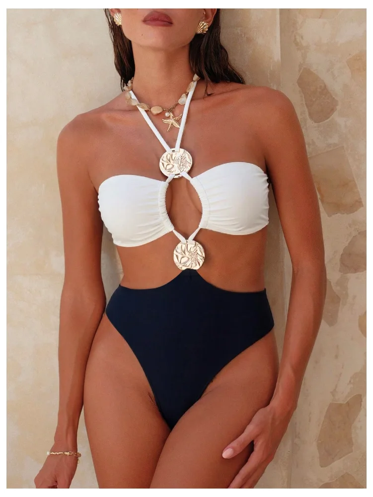 MAKEMECHIC Color Block Tie Back Cut Out One-Piece Swimsuit, view 2