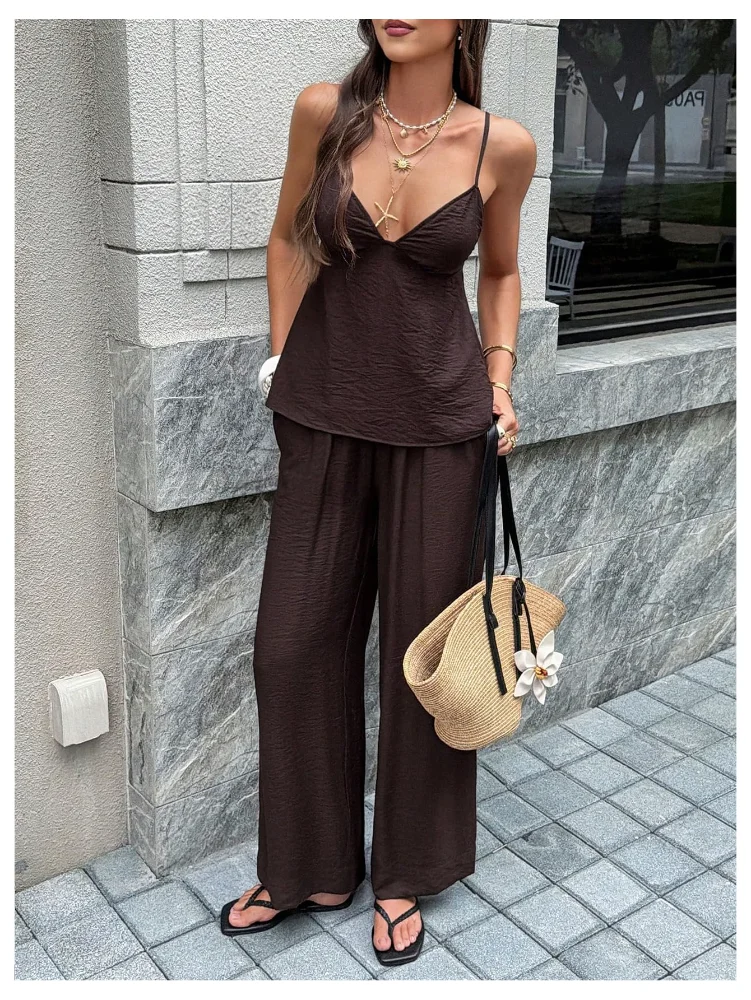 MAKEMECHIC Deep V-Neck Flowy Pants Set, view 3