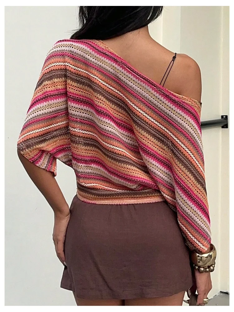 MAKEMECHIC Crochet Striped Off The Shoulder Shorts, view 3