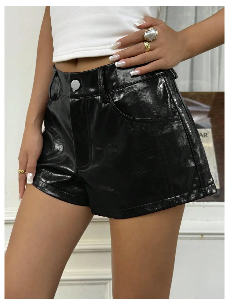 MAKEMECHIC PU Leather Wide Leg Low Waist Shorts, view 2