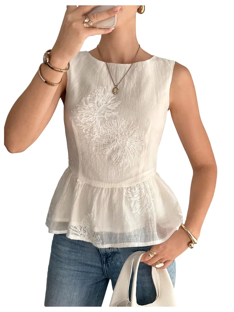 MAKEMECHIC Ruffle Crewneck Jacquard Tank Top