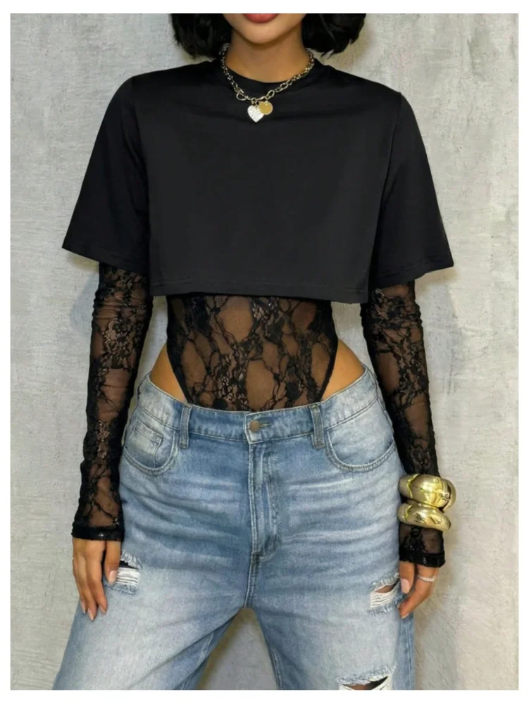 MAKEMECHIC Lace Long Sleeve Leotards Bodysuit, view 3