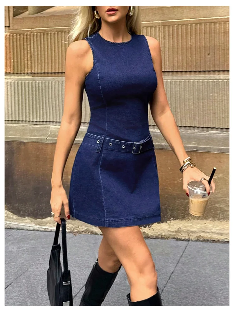 MAKEMECHIC Belted Denim Crew Neck Mini Dress, view 3