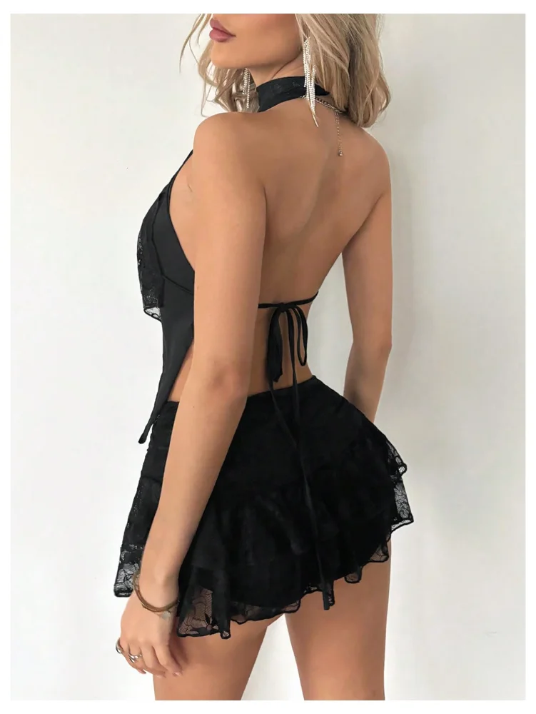 MAKEMECHIC Floral Lace Open Back Skirt Set, view 3