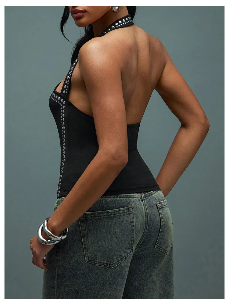 MAKEMECHIC Backless Asymmetrical Grunge Halter Top, view 3