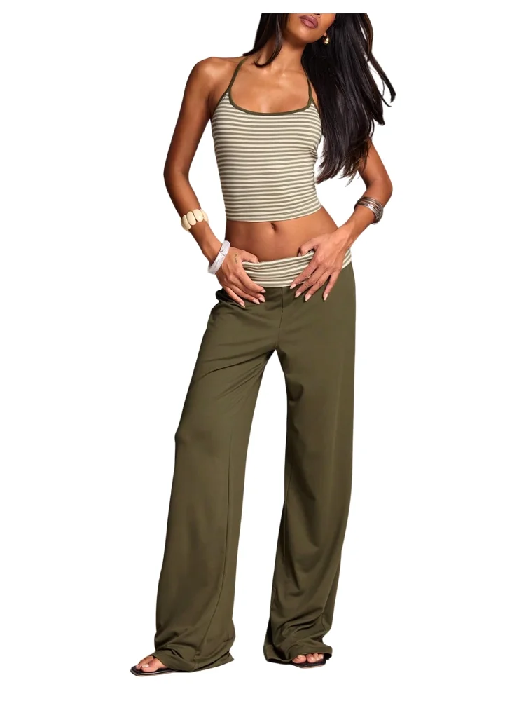 MAKEMECHIC Striped Fold Over Pants Set