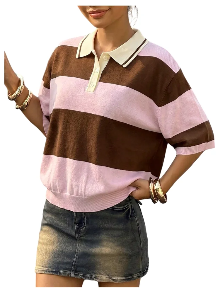 MAKEMECHIC Striped Collared Loose Sweater