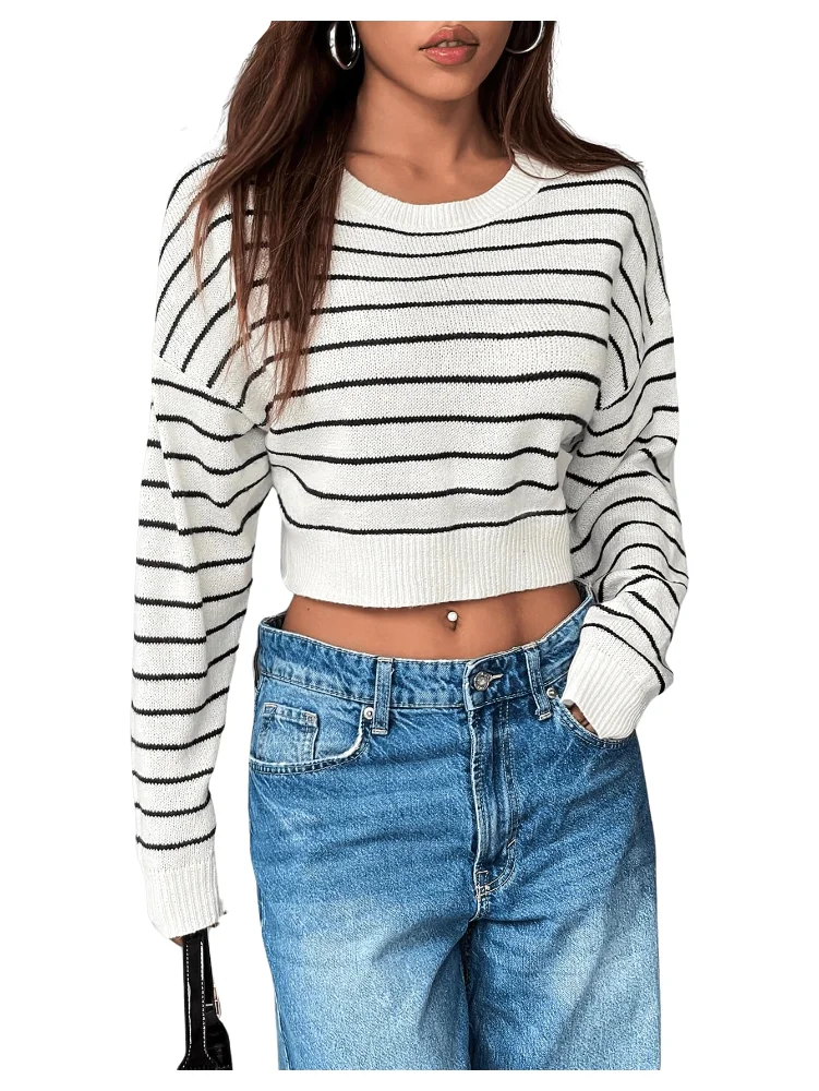 MAKEMECHIC Striped Cropped Long Sleeve Sweater