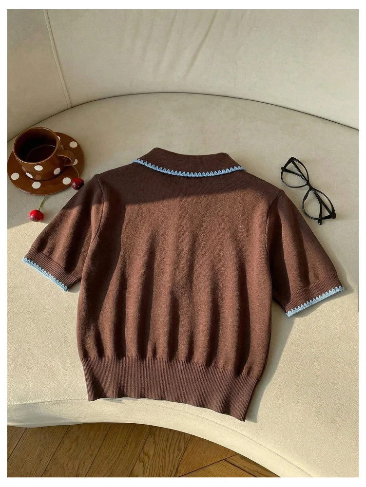 MAKEMECHIC Short Sleeve Cropped Button Up Sweater, view 3
