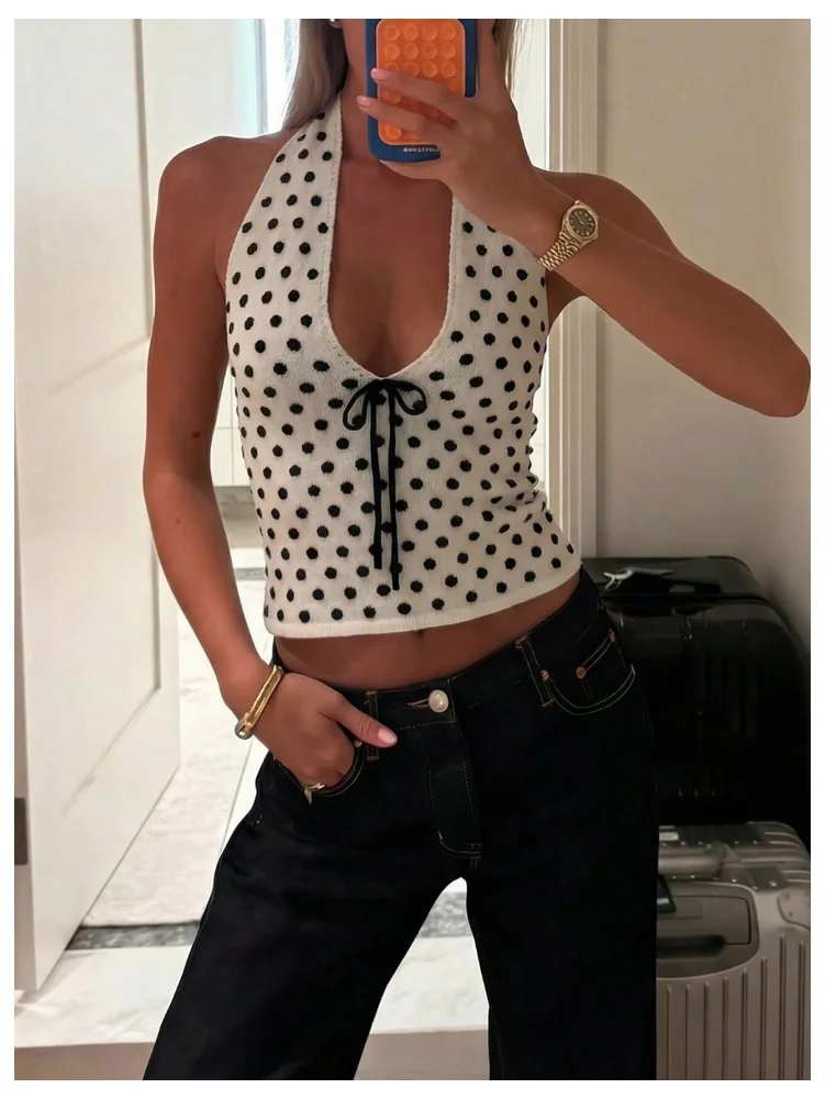 MAKEMECHIC Polka Dot Crop Knit Sweater, view 2