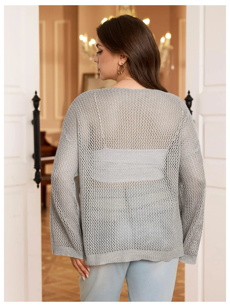 MAKEMECHIC Crochet V-Neck Long Sleeve Beach Cover-Up, view 2