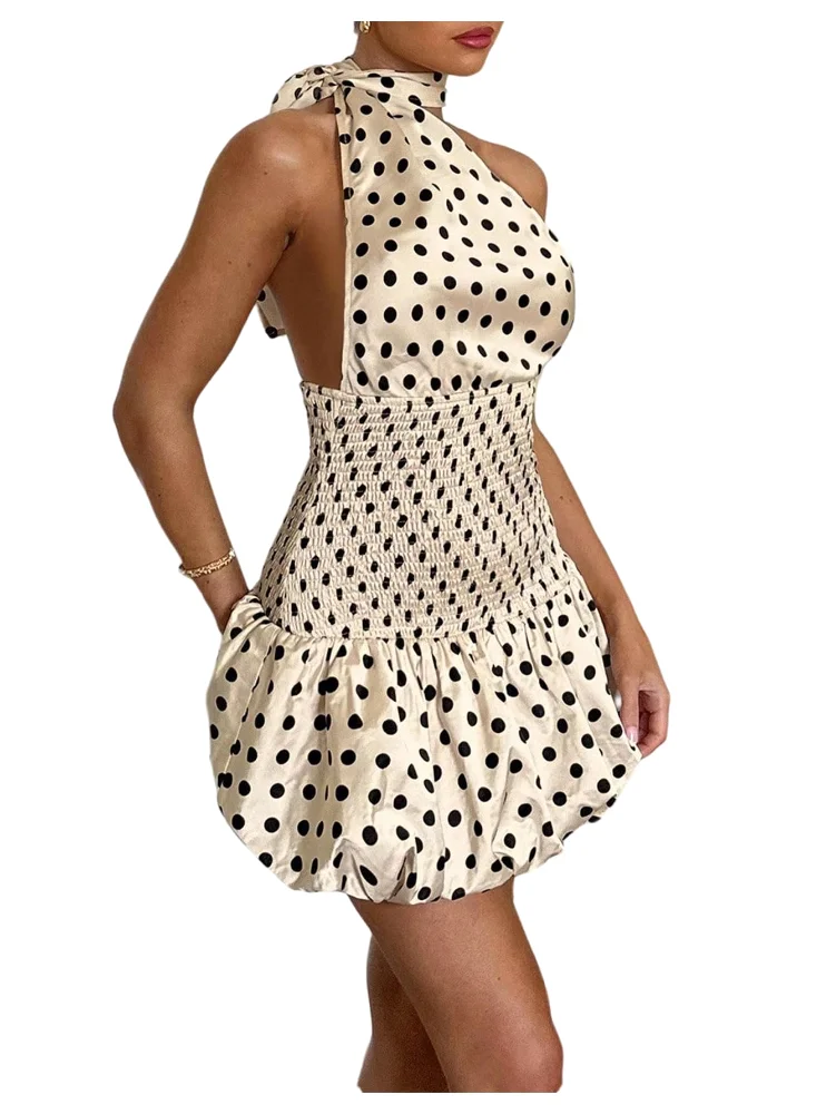 MAKEMECHIC Polka Dot Bubble Shirred Mini Dress