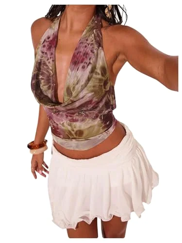 MAKEMECHIC Sheer Mesh Cowl Neck Halter Top, floral