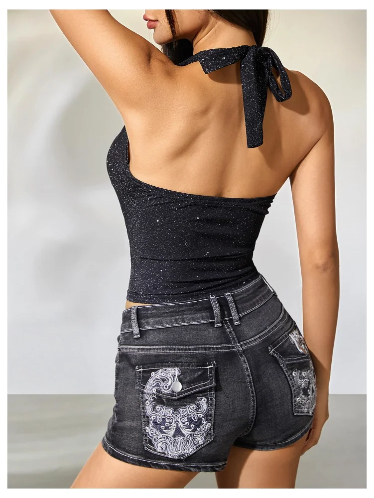 MAKEMECHIC Sparkly Sequin Backless Halter Top, view 2