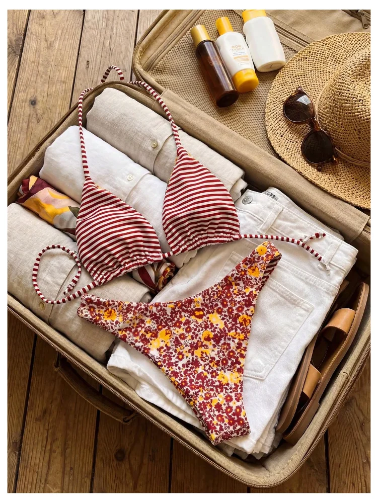 MAKEMECHIC Striped Floral Triangle Bikini Set, view 2