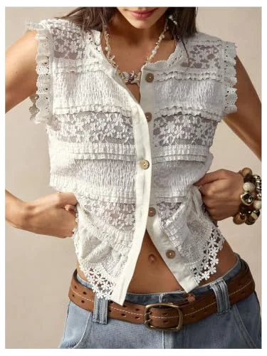 MAKEMECHIC Floral Lace Button Down Blouse, view 2