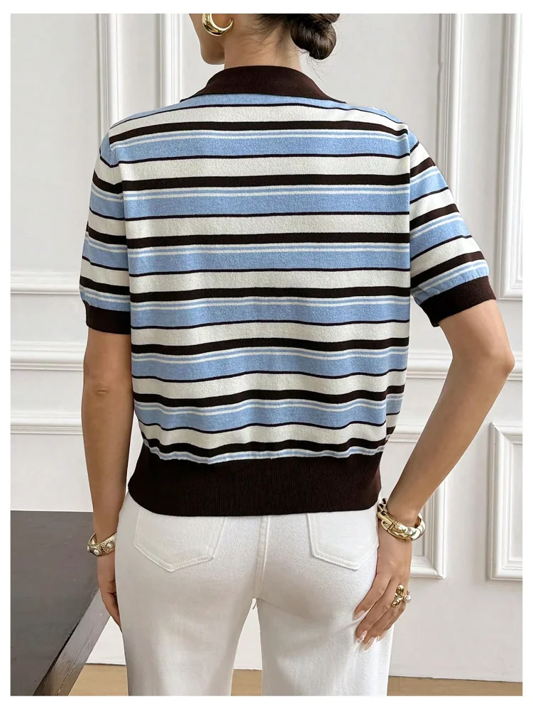 MAKEMECHIC Striped Short Sleeve Collared Sweater in Blue, view 3