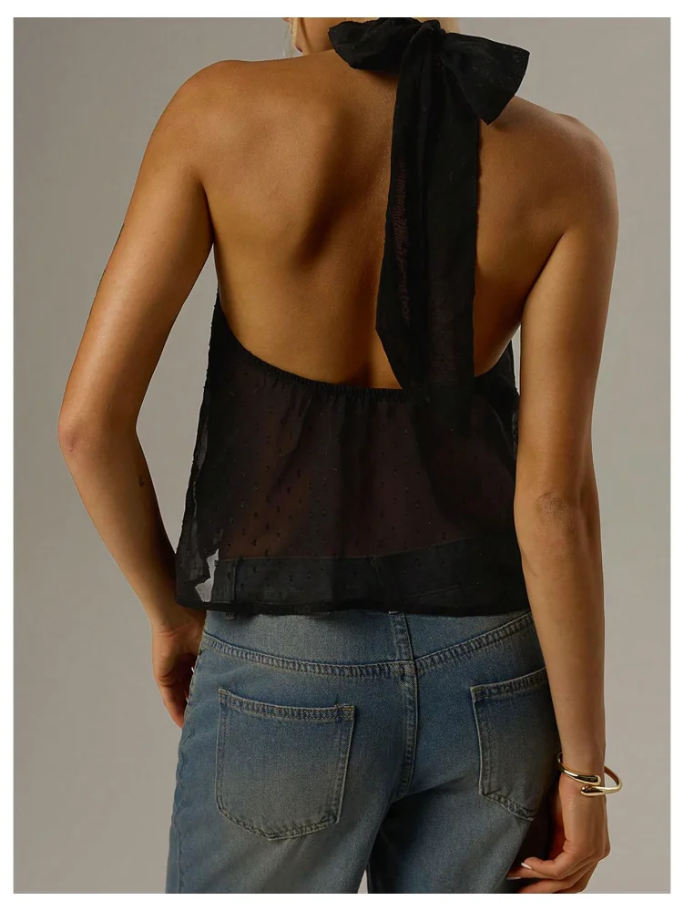 MAKEMECHIC Tie Back Sheer Swiss Dot Halter Top, view 3