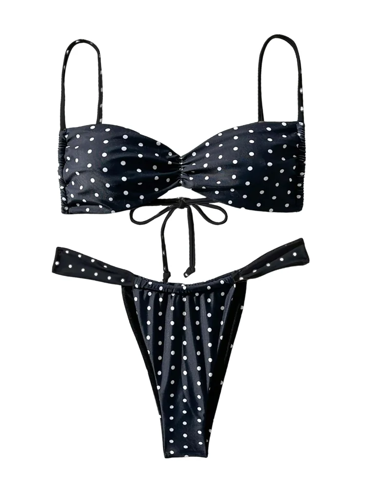 MAKEMECHIC Polka Dot Tie Back Thong Bikini Set