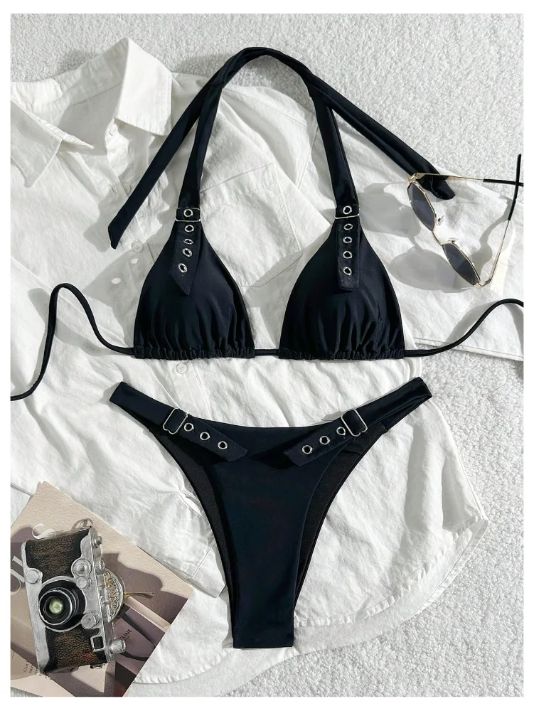 MAKEMECHIC Triangle Backless Grommet Bikini Set, view 3
