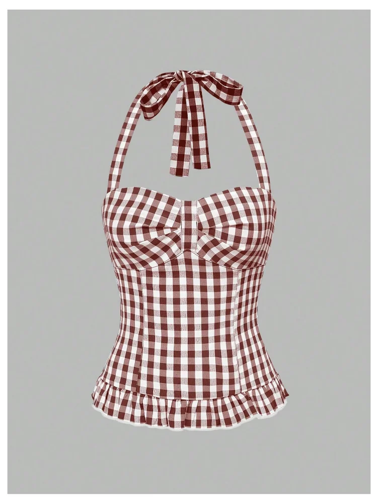 MAKEMECHIC 3 Pack Polka Dot Gingham Halter Top, view 3