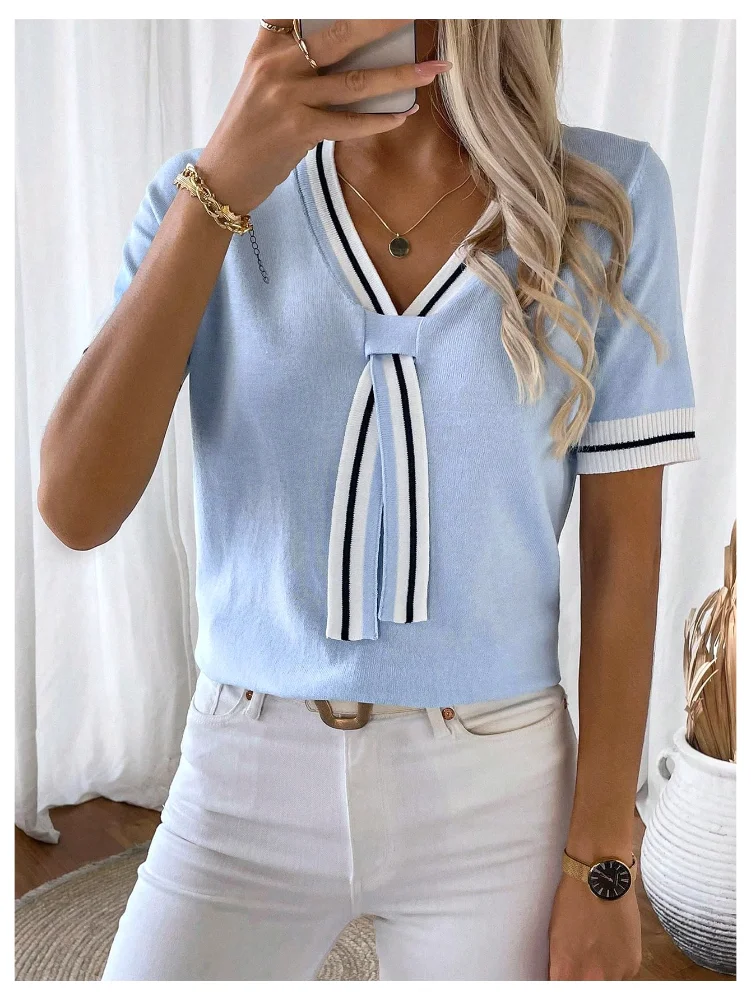 MAKEMECHIC Striped V-Neck Short Sleeve Sweater, view 2