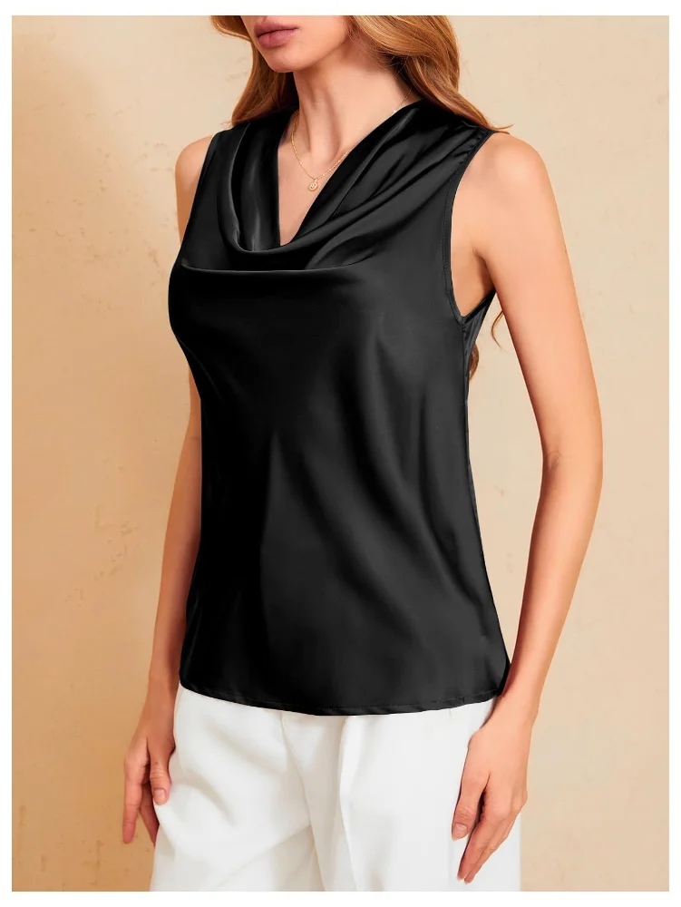 MAKEMECHIC Draped Cowl Neck Satin Tank Top, view 3