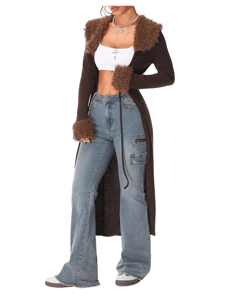 MAKEMECHIC Fur Long Sleeve Tie Front Cardigan