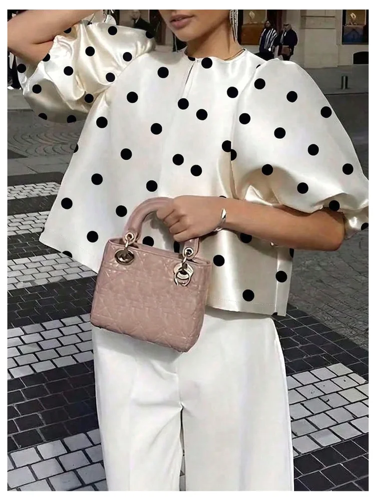 MAKEMECHIC Polka Dot Satin Puff Sleeve Crop Top, view 2