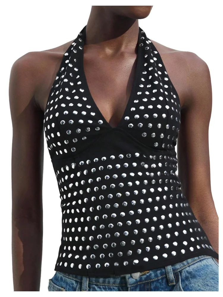MAKEMECHIC Studded Deep V-Neck Halter Top