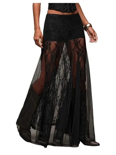 MAKEMECHIC Lace Sheer Polka Dot Maxi Skirt