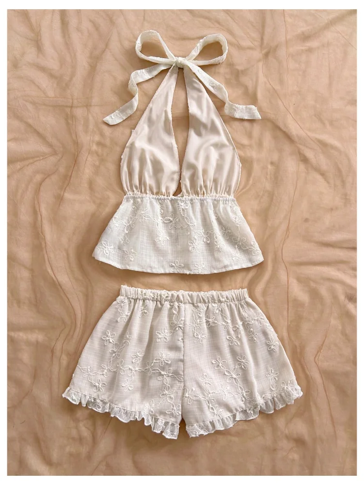MAKEMECHIC Floral Embroidery Tie Front Shorts Set, view 2