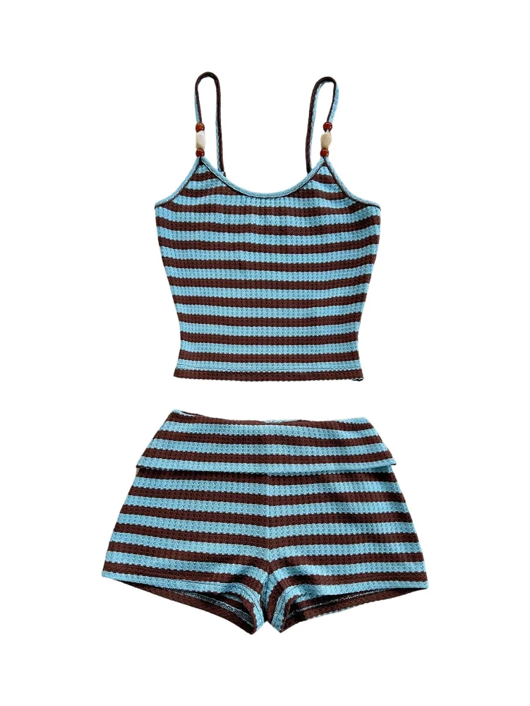 MAKEMECHIC Striped Crop Mini Shorts Set
