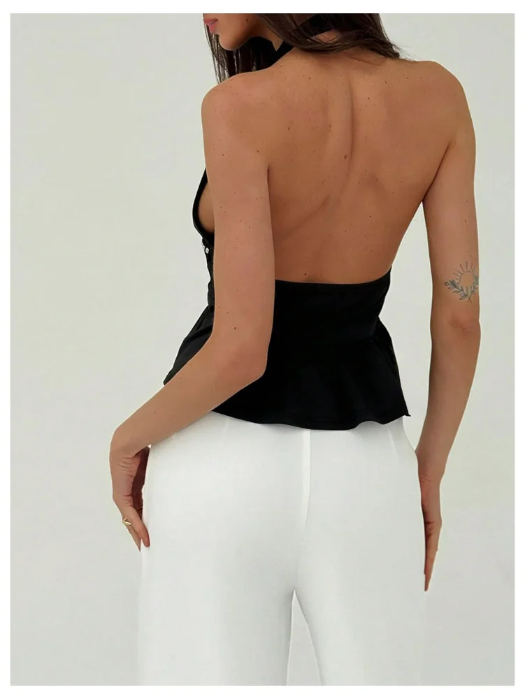 MAKEMECHIC Goth Ruffle Open Back Halter Top, view 3
