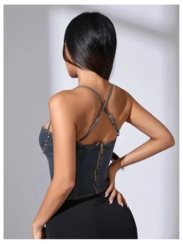 MAKEMECHIC Denim Backless Rivet Crop Top, view 2