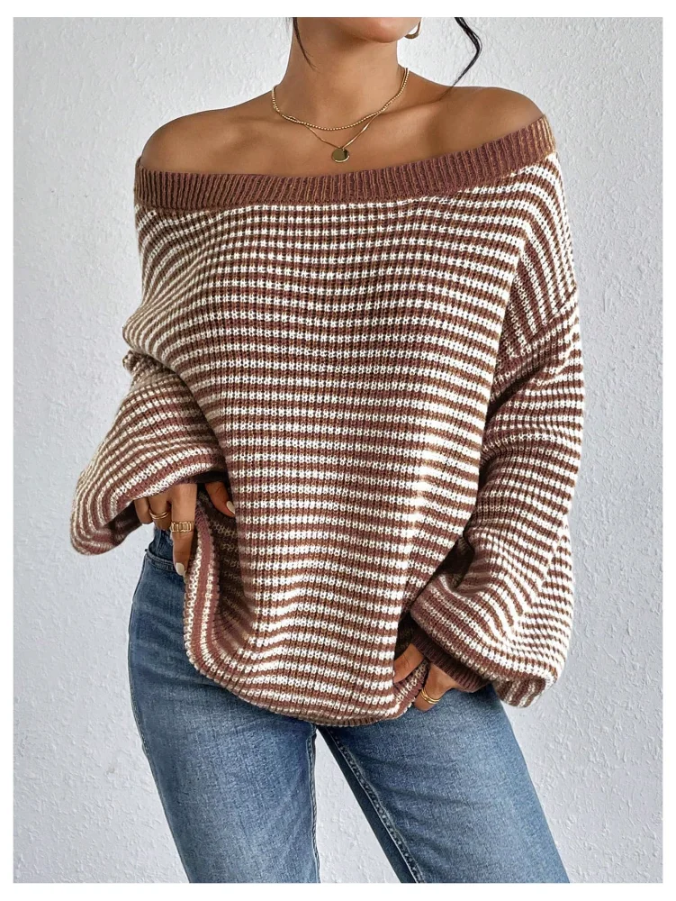 MAKEMECHIC Striped Off The Shoulder Knit Sweater, long sleeve, view 3